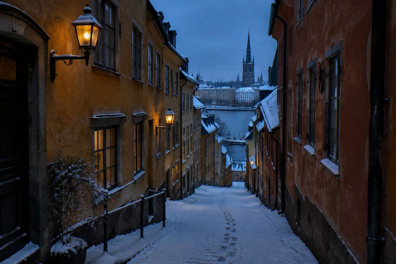 Snow-covered rooftops and narrow lane in Stockholm's Old Town under a dark blue winter sky