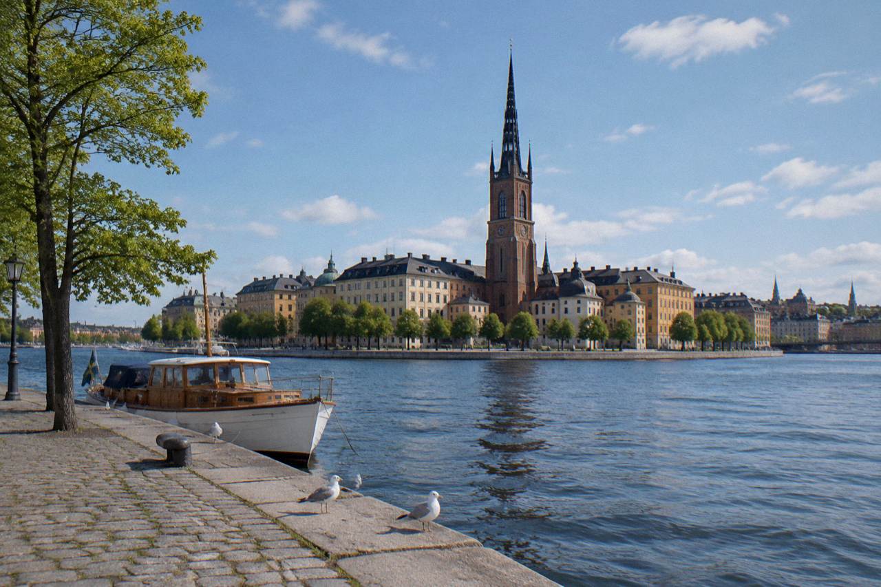 View across Stockholm's Old Town rooftops toward the water on a bright day