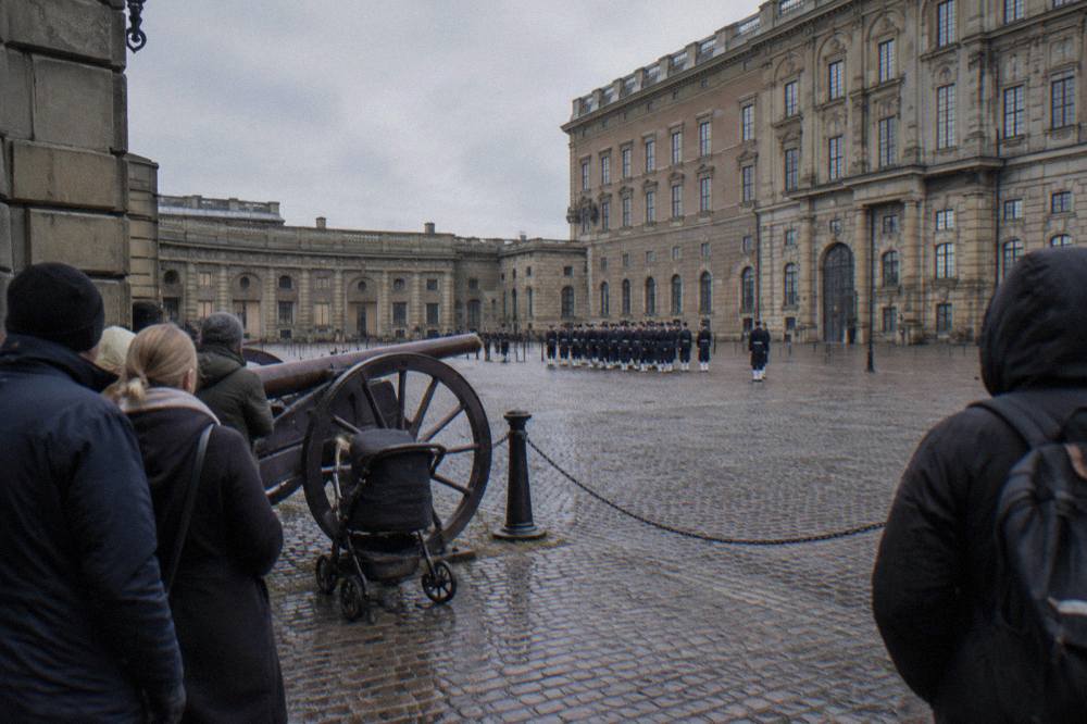 Spectators standing in the Outer Courtyard of the Royal Palace watching soldiers in formation