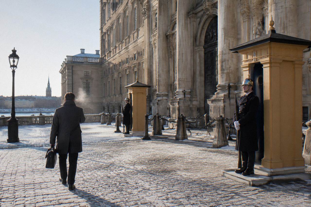 The Royal Palace Outer Courtyard in Stockholm seen from the cobbled square, with the palace facade and guards on duty