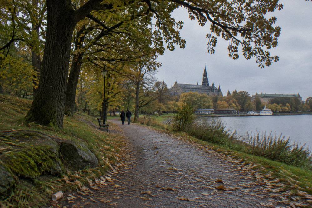 Visitors walking on a forested path on Djurgården island with museum buildings in the distance