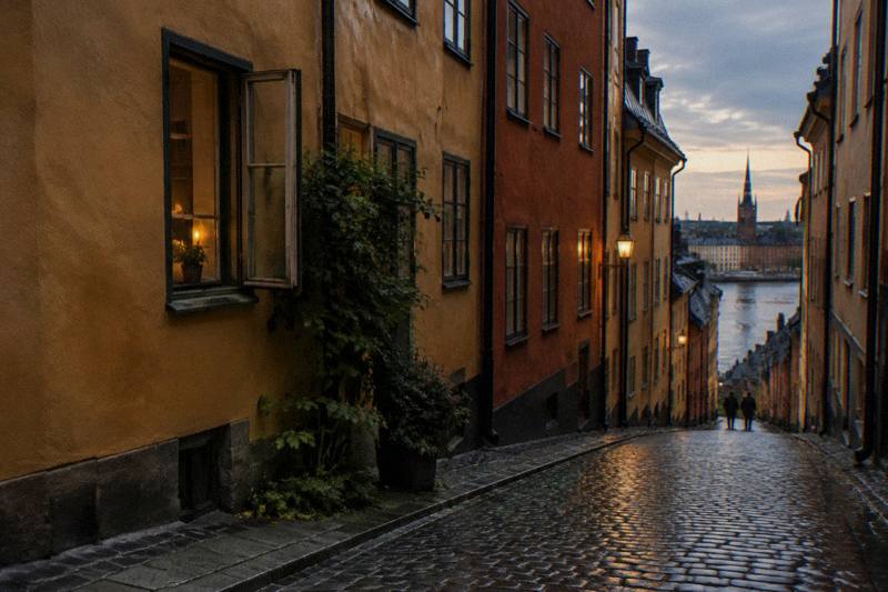Cobbled lane in Gamla Stan, Stockholm, Sweden, ochre and rust facades leaning overhead, worn stone steps rising toward daylight, a hanging cafe sign above the narrow passage.