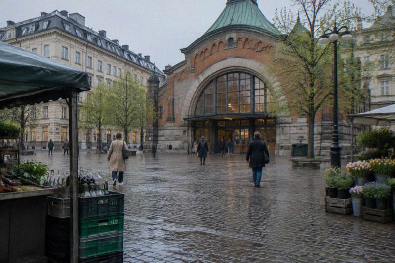 Quiet street corner in Ostermalm, Stockholm, Sweden, grand stone apartment blocks with shutters and lanterns, a market hall entrance on the square, puddles catching reflections after a passing shower.