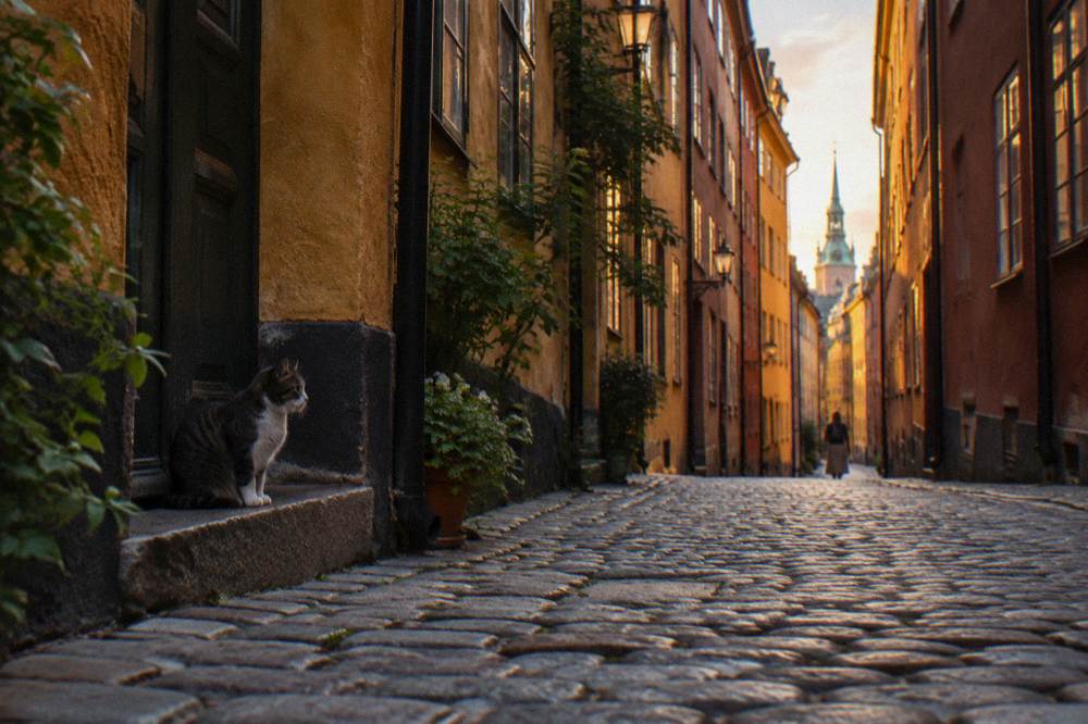 Narrow cobblestone street in Stockholm's Old Town with colorful old merchant facades rising on both sides