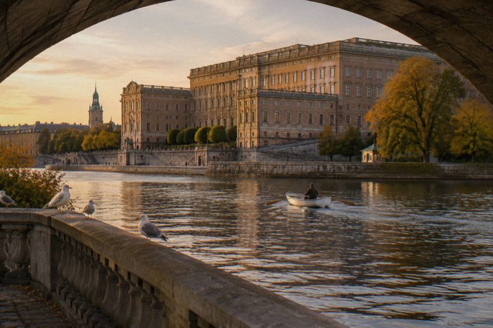 View across Stockholm's water channel toward the Royal Palace facade from a bridge at golden hour