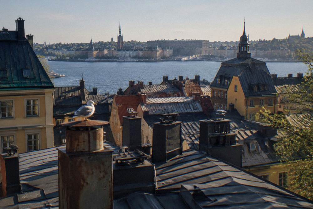 A view across Stockholm's Old Town rooftops toward the water on a bright morning